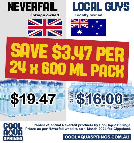 Price comparison of 24 x 600 mL bottles of spring water packs between Neverfail vs Cool Aqua Springs 