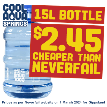Save $2.45 per 15L bottle of spring water compared to Neverfail